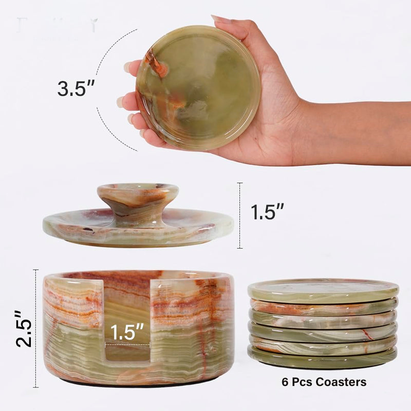 Set of ceramic coasters with dimensions and a stack of coasters on a white background