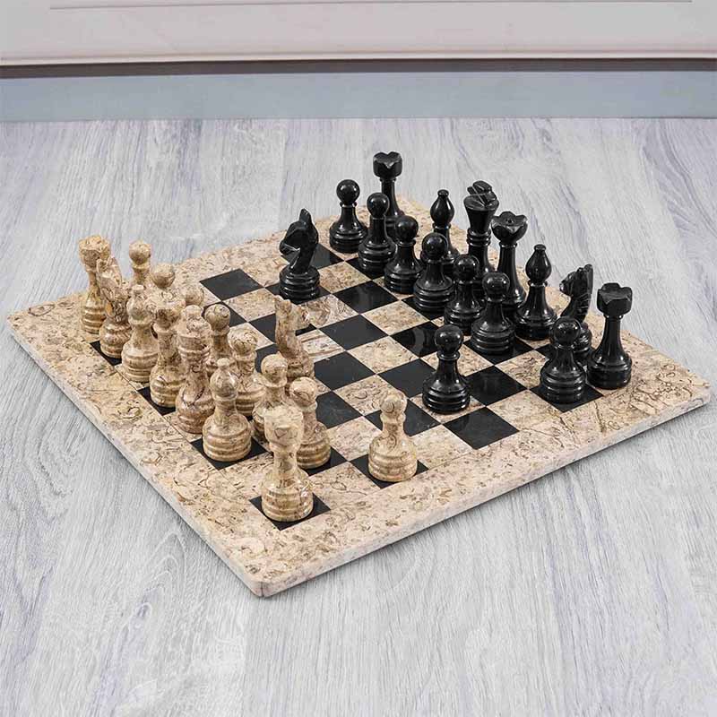 Marble 38cm Chess Set - Coral and Black