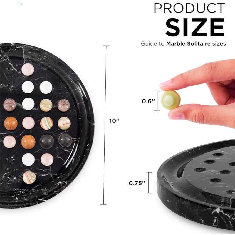 Marble solitaire game set with marble stones and size guide on a white background