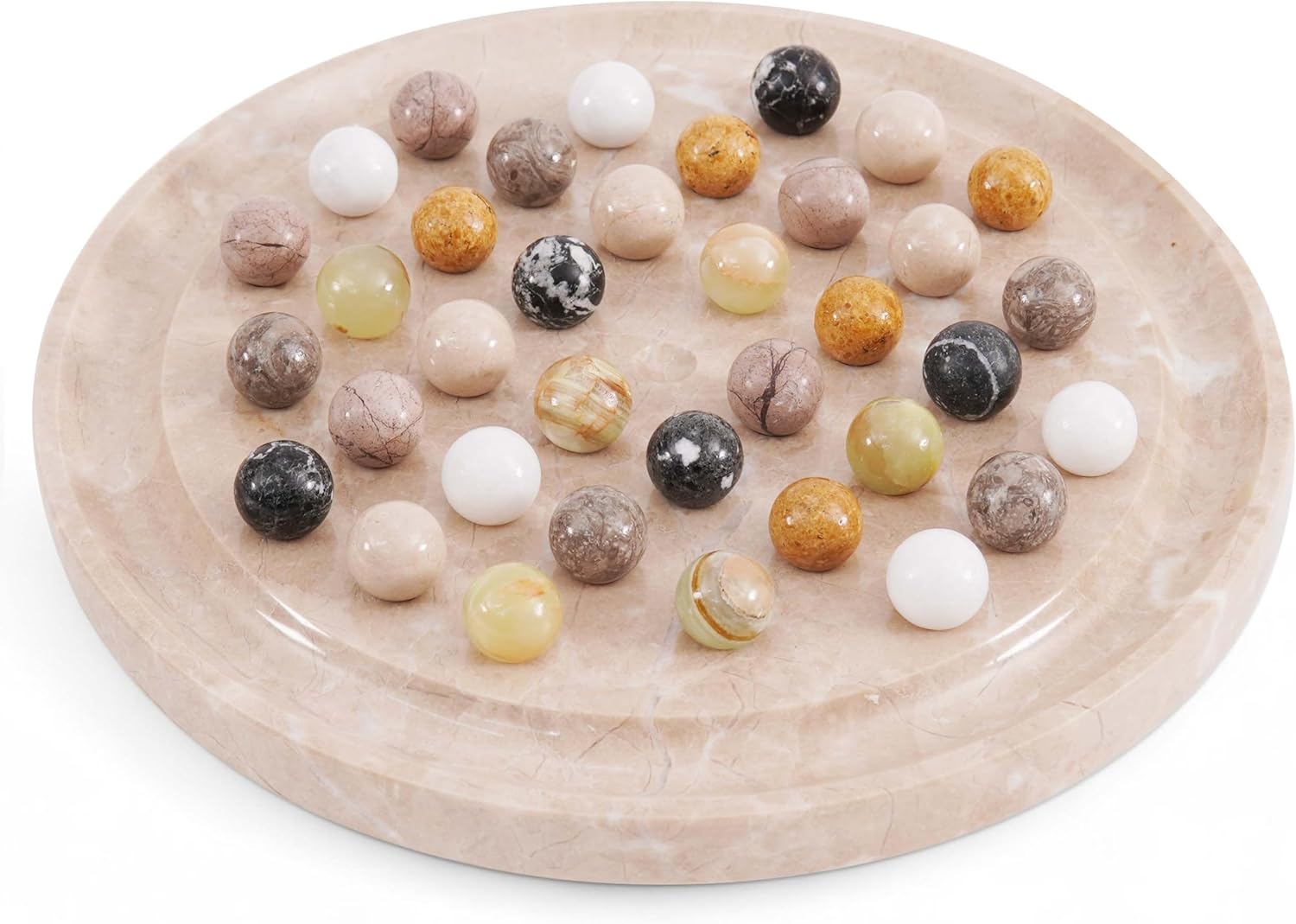 Marble-patterned platter with assorted marbles on a white background