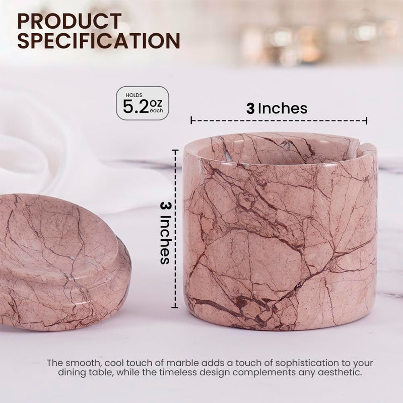 Marble-patterned container with dimensions and capacity details on a blurred background