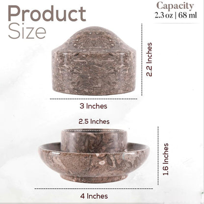Measurement chart of stone bowls with dimensions and capacity details.