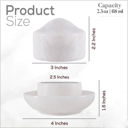 Measurement chart showing dimensions and capacity of a white product