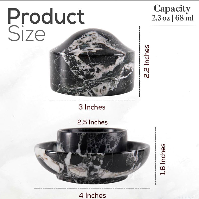 Black marble product with dimensions and capacity details on a white background