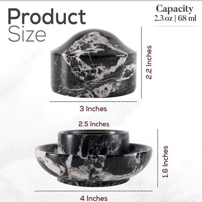 Black marble product with dimensions and capacity details on a white background