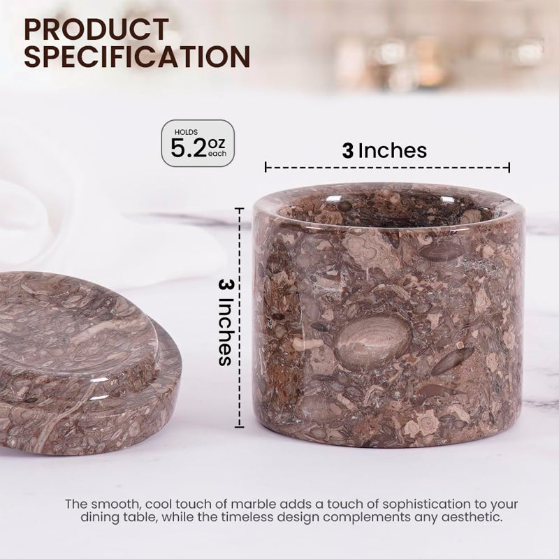 Marble-patterned container with dimensions and weight information on a white background