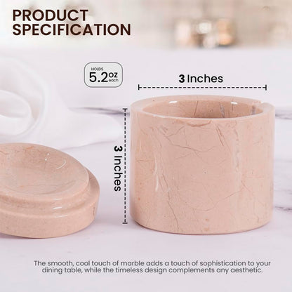 Marble container with lid and product specifications on a neutral background
