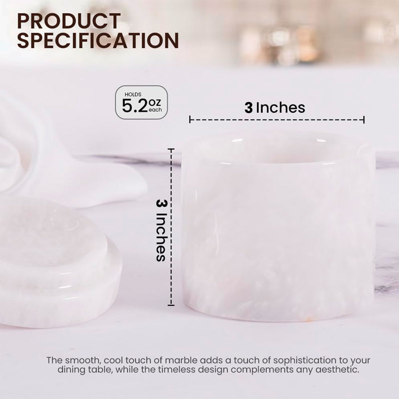 White marble candle holders with measurements and product specifications on a neutral background.