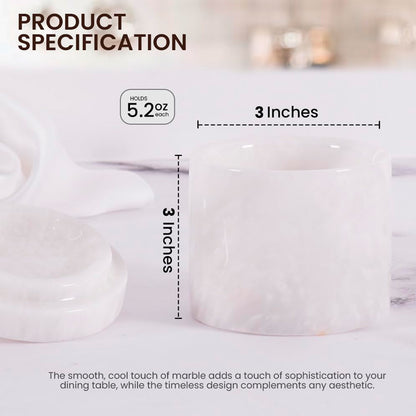 White marble candle holders with measurements and product specifications on a neutral background.