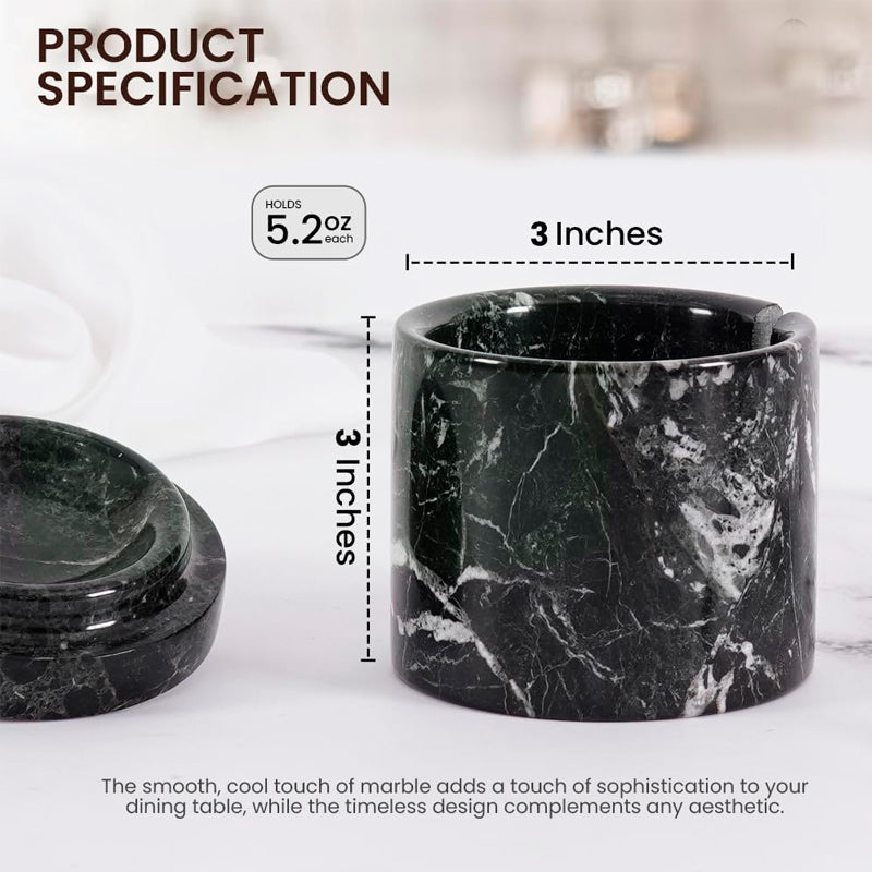 Black marble container with measurements and product specifications on a white background
