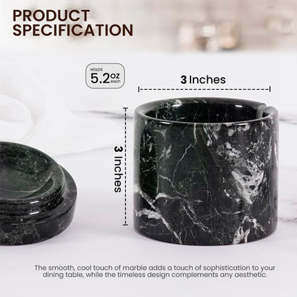 Black marble container with measurements and product specifications on a white background