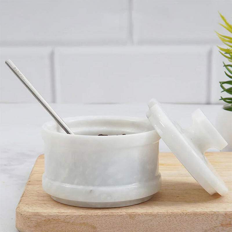 Marble Salt Cellar Elegant Container with Lid and Spoon