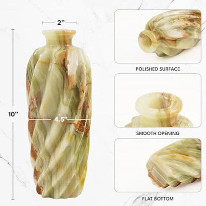 Marble-textured vase with dimensions and feature highlights on a white background