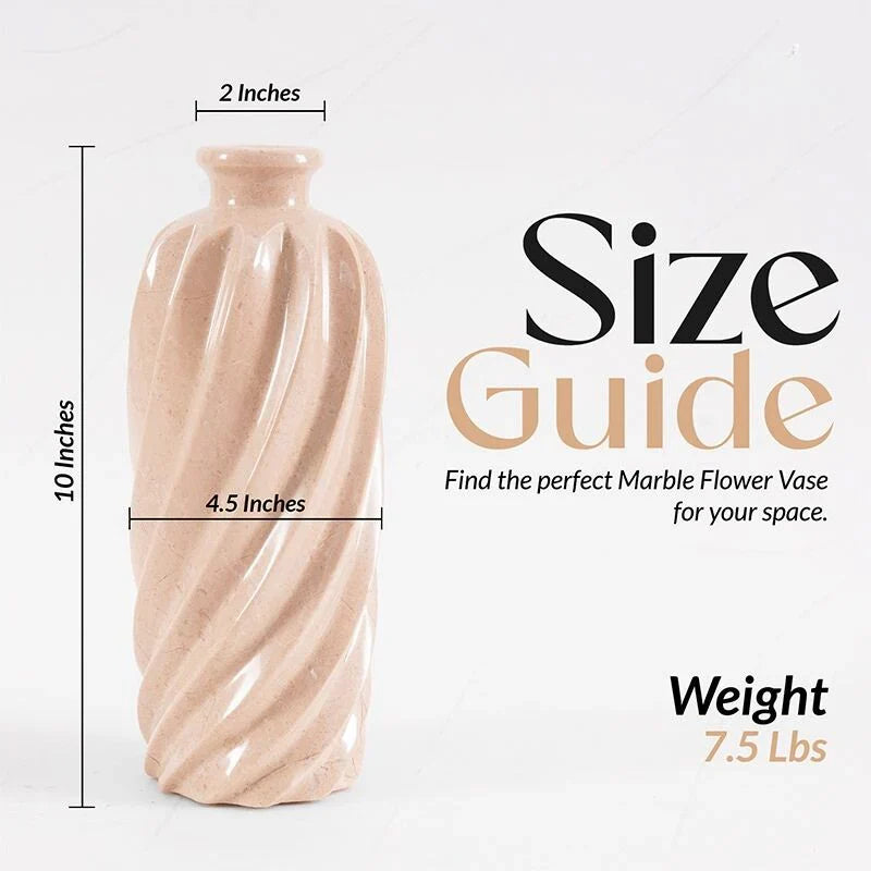 Marble flower vase with dimensions and weight information on a white background