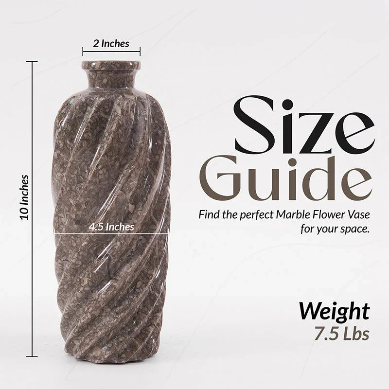 Marble flower vase with size guide measurements on a white background